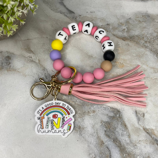 Silicone & Acrylic Bracelet Keychain - Teach - Pink