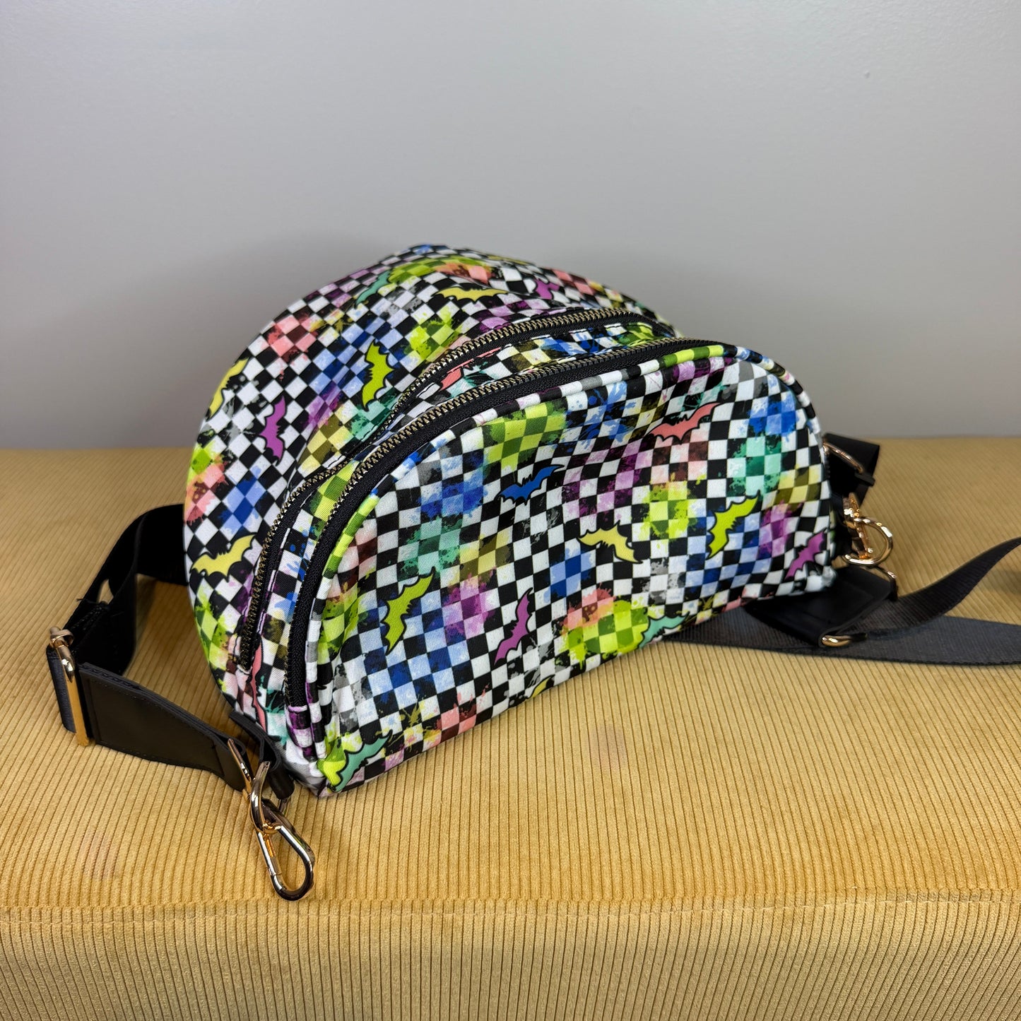 The Roni Nylon Crossbody - Halloween Fall Rainbow Bat Checker