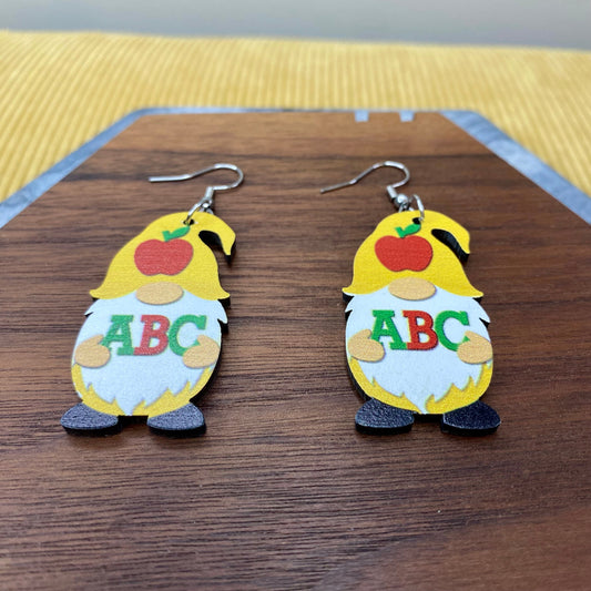 Wooden Dangle Earrings - Teacher Gnome ABC