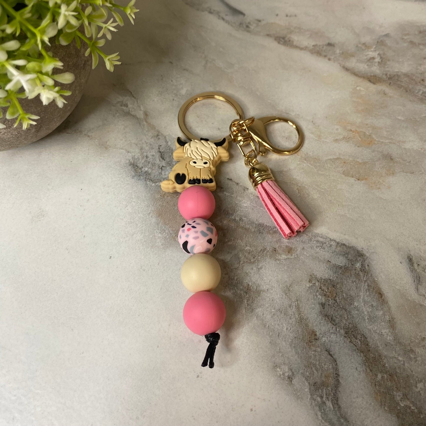 Keychain - Silicone Bead - Highland Cow - Pink