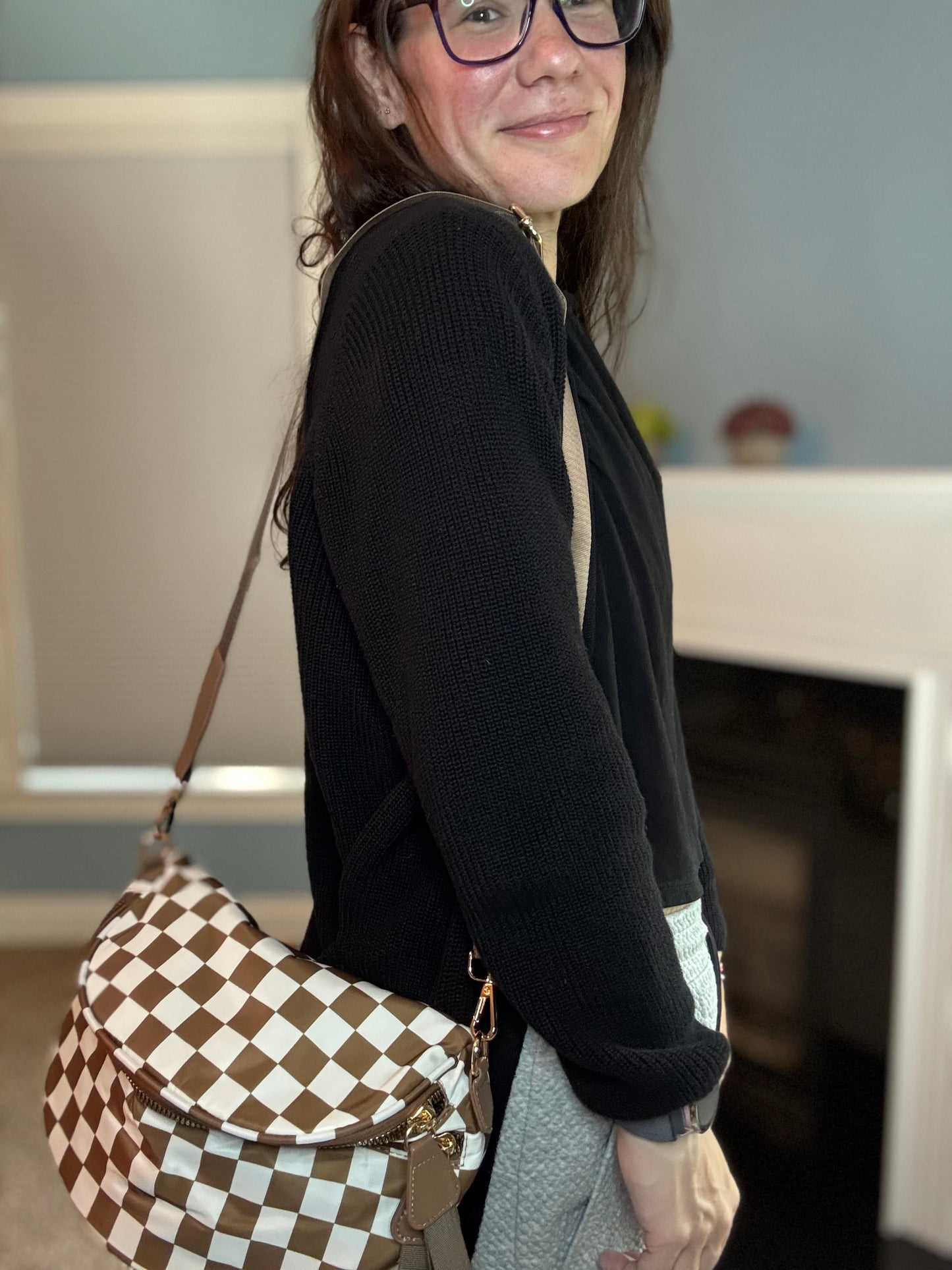 Roni - Checkered - Nylon Crossbody - Chocolate