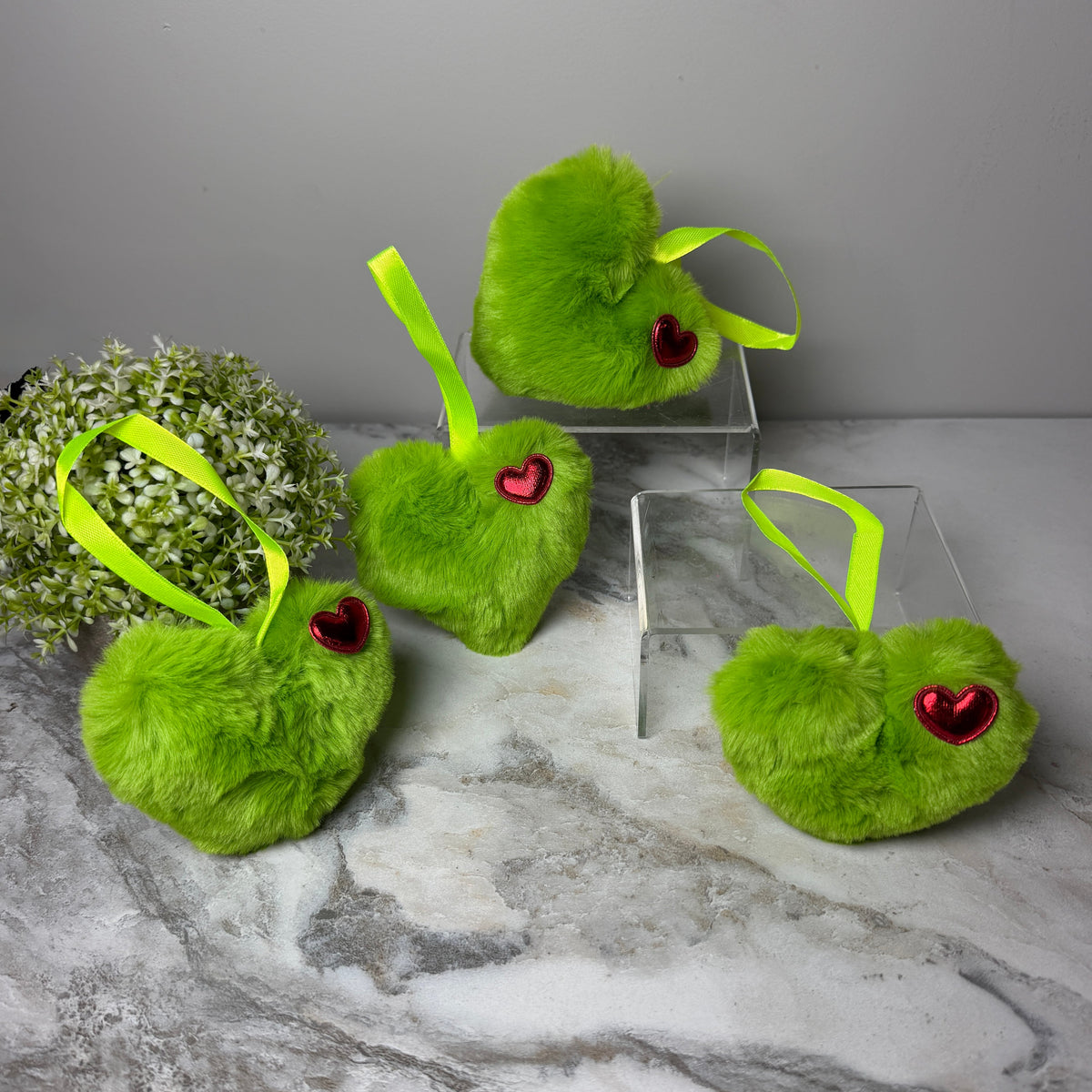 Keychain / Ornament - Fuzzy Pom Pom - Christmas Green Heart