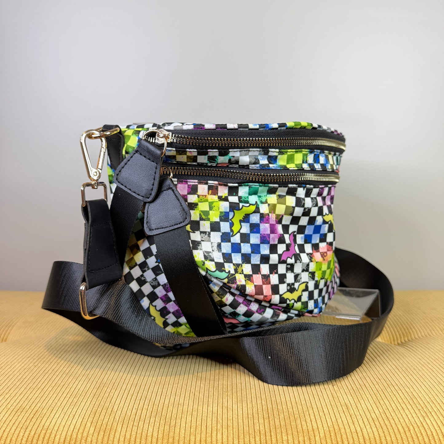 The Roni Nylon Crossbody - Halloween Fall Rainbow Bat Checker