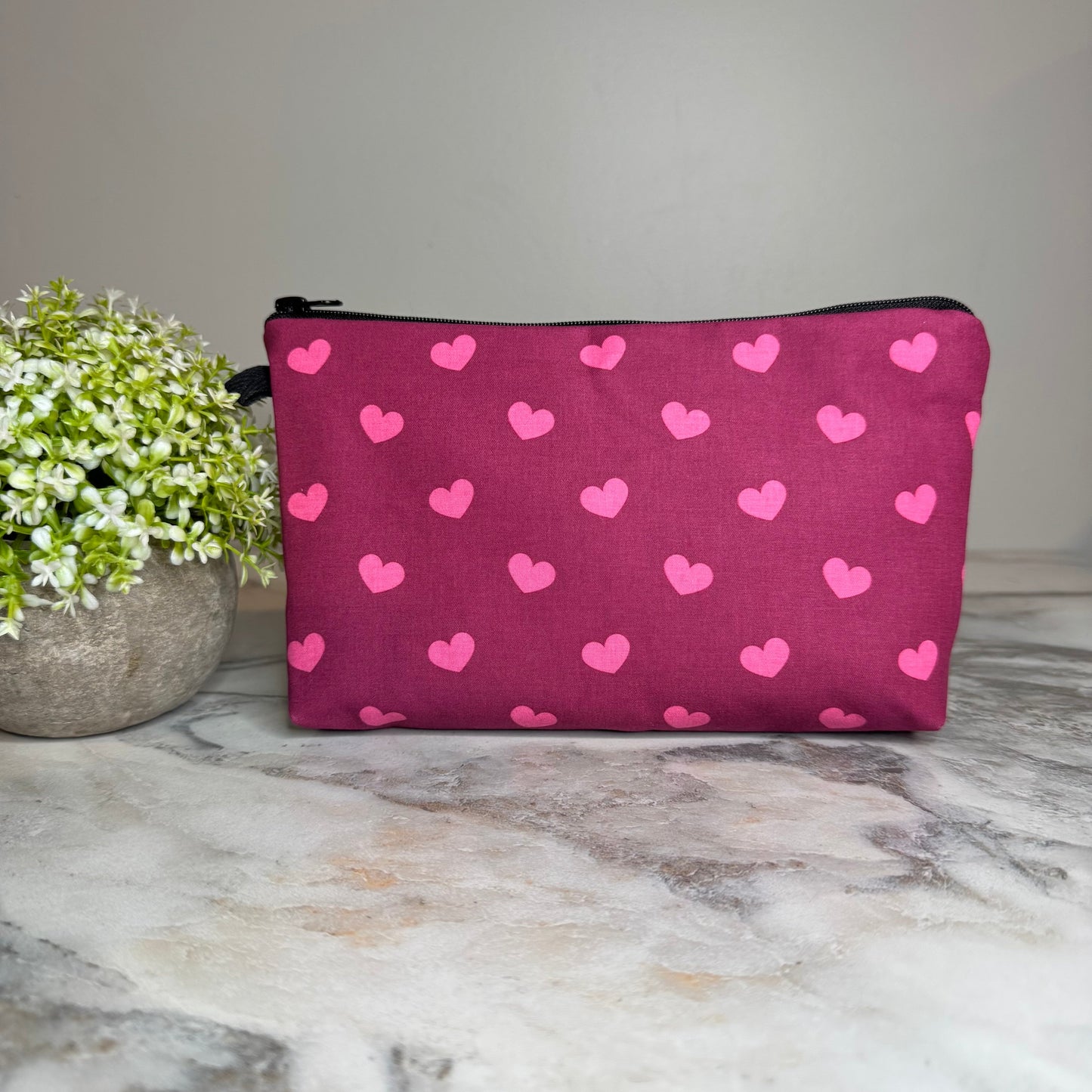 Pouch - Maroon Dark Pink Hearts
