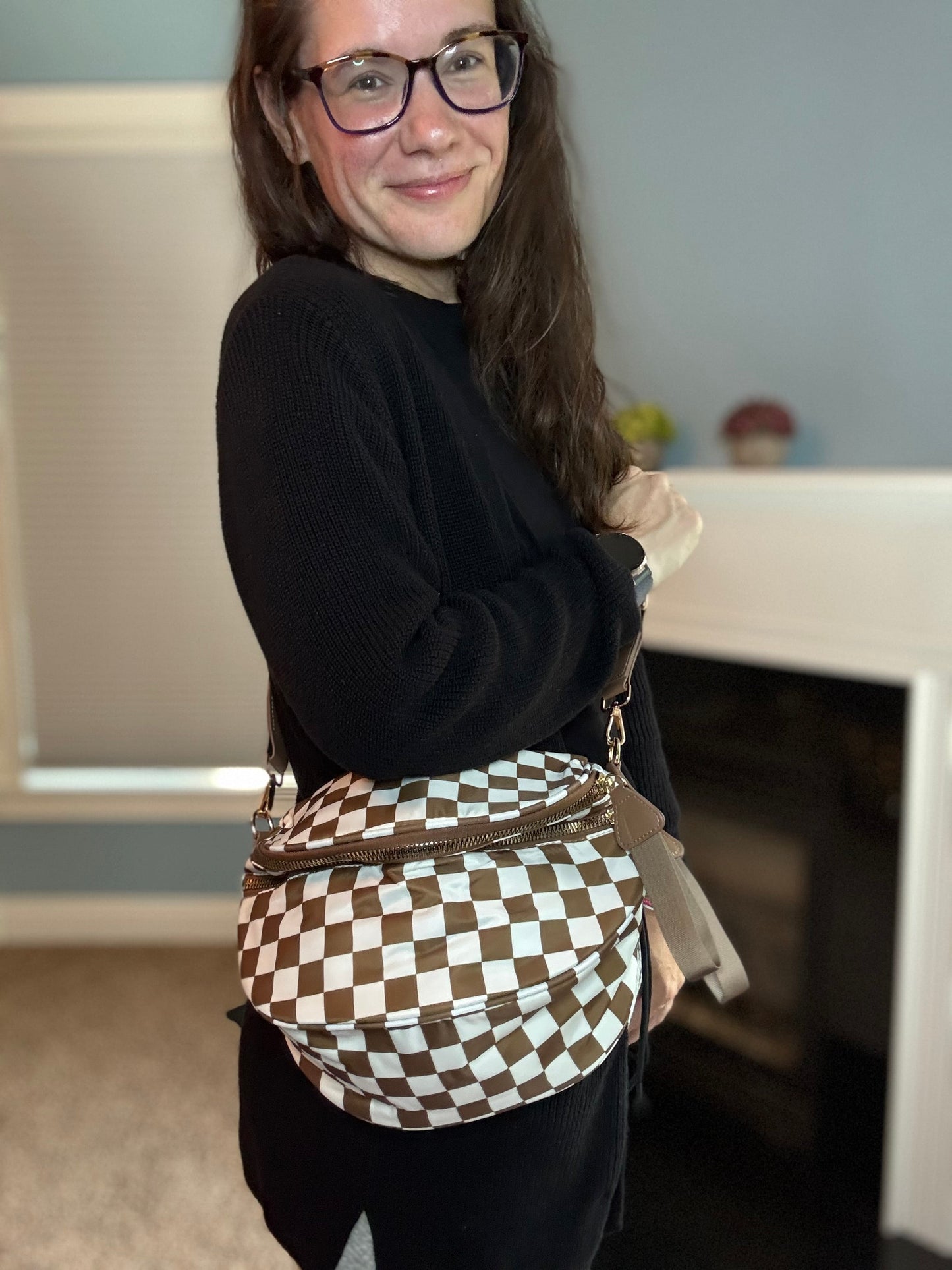 Roni - Checkered - Nylon Crossbody - Chocolate