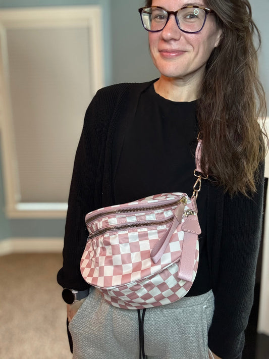 Roni - Checkered - Nylon Crossbody - Medium Pink