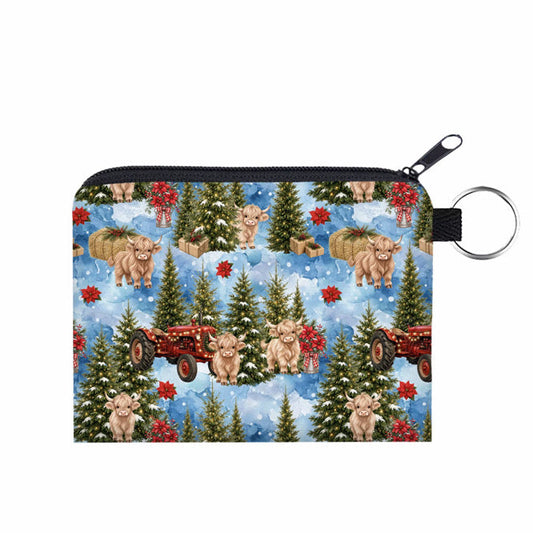 Mini Pouch - Christmas Winter - Highland Cow Blue Trees